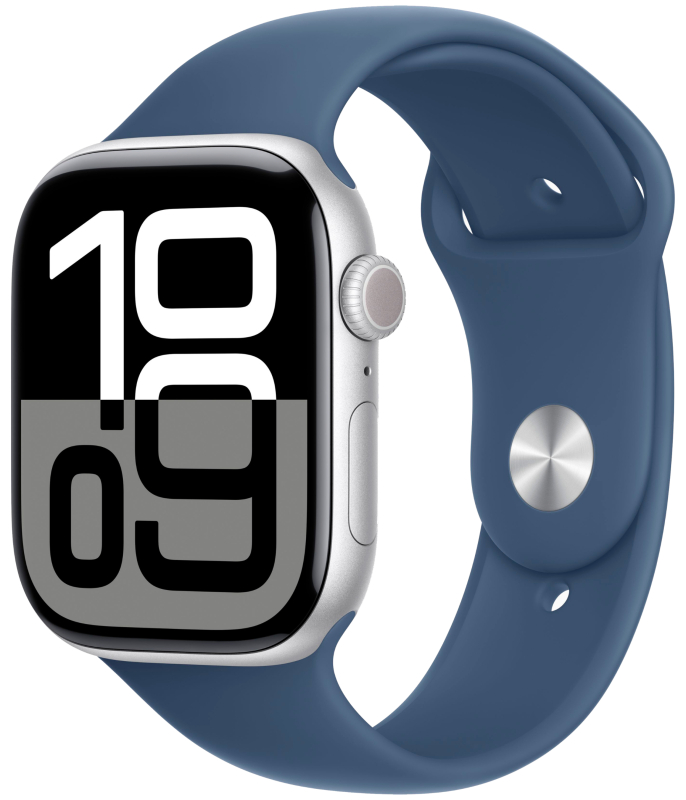 Apple Watch Series 10, 46 мм, корпус из алюминия серебристого цвета, спортивный ремешок цвета «синий деним» S/M